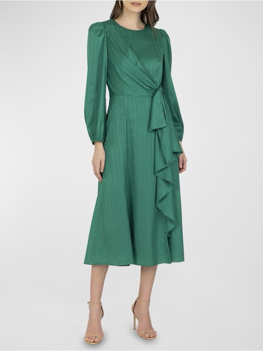 Shoshanna Marie Green Satin Jacquard Tie Waist Cascade Dress Size 2 Fall Autumn